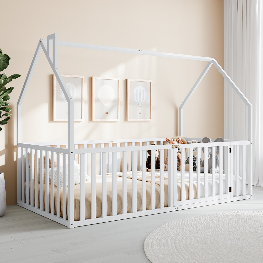 Kids House Gated Floor Bed Twin Size for Children Aged 5+, White