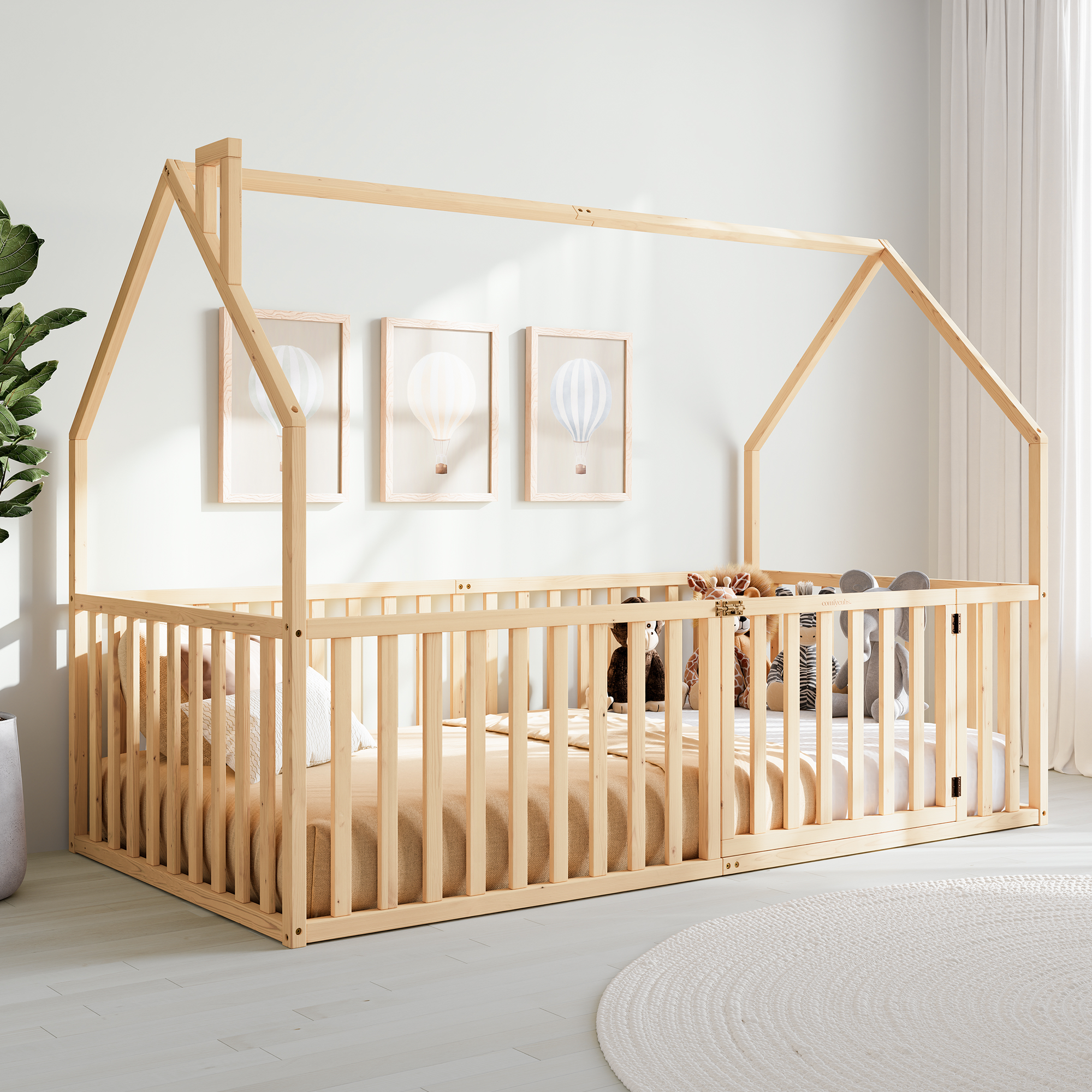 Kids House Gated Floor Bed Twin Size for Children Aged 5+, Natural Wood