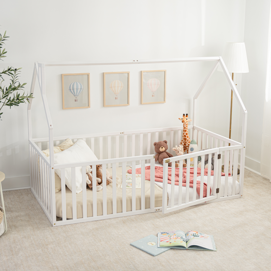 Kids House Gated Floor Bed Twin Size for Children Aged 5+, White