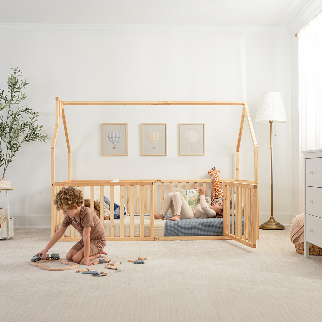 Kids House Gated Floor Bed Twin Size for Children Aged 5+, Natural Wood