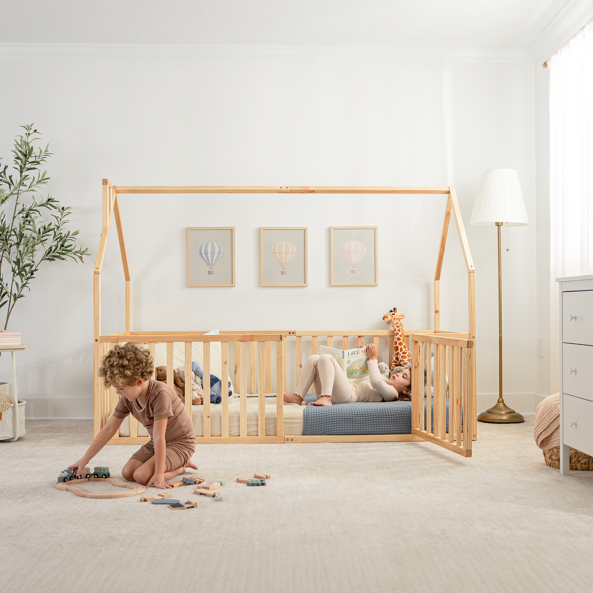 Kids House Gated Floor Bed Twin Size for Children Aged 5+, Natural Wood