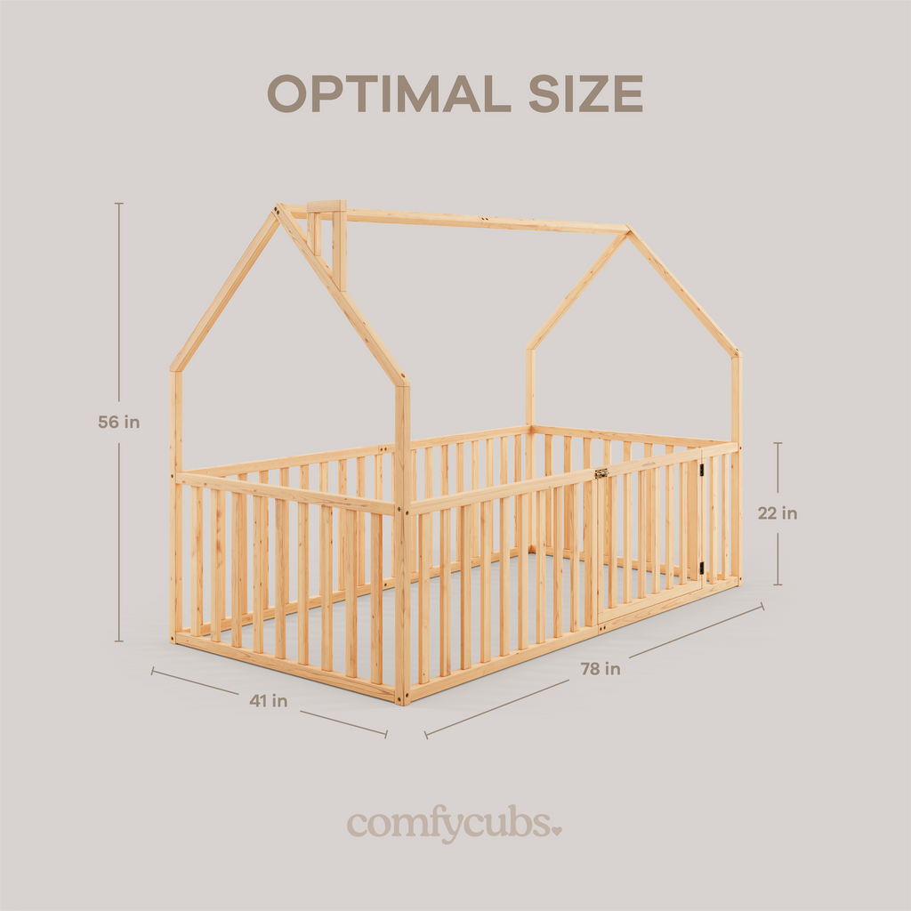Kids House Gated Floor Bed Twin Size for Children Aged 5+, Natural Wood