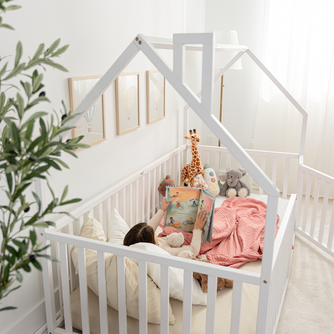 Kids House Gated Floor Bed Twin Size for Children Aged 5+, White