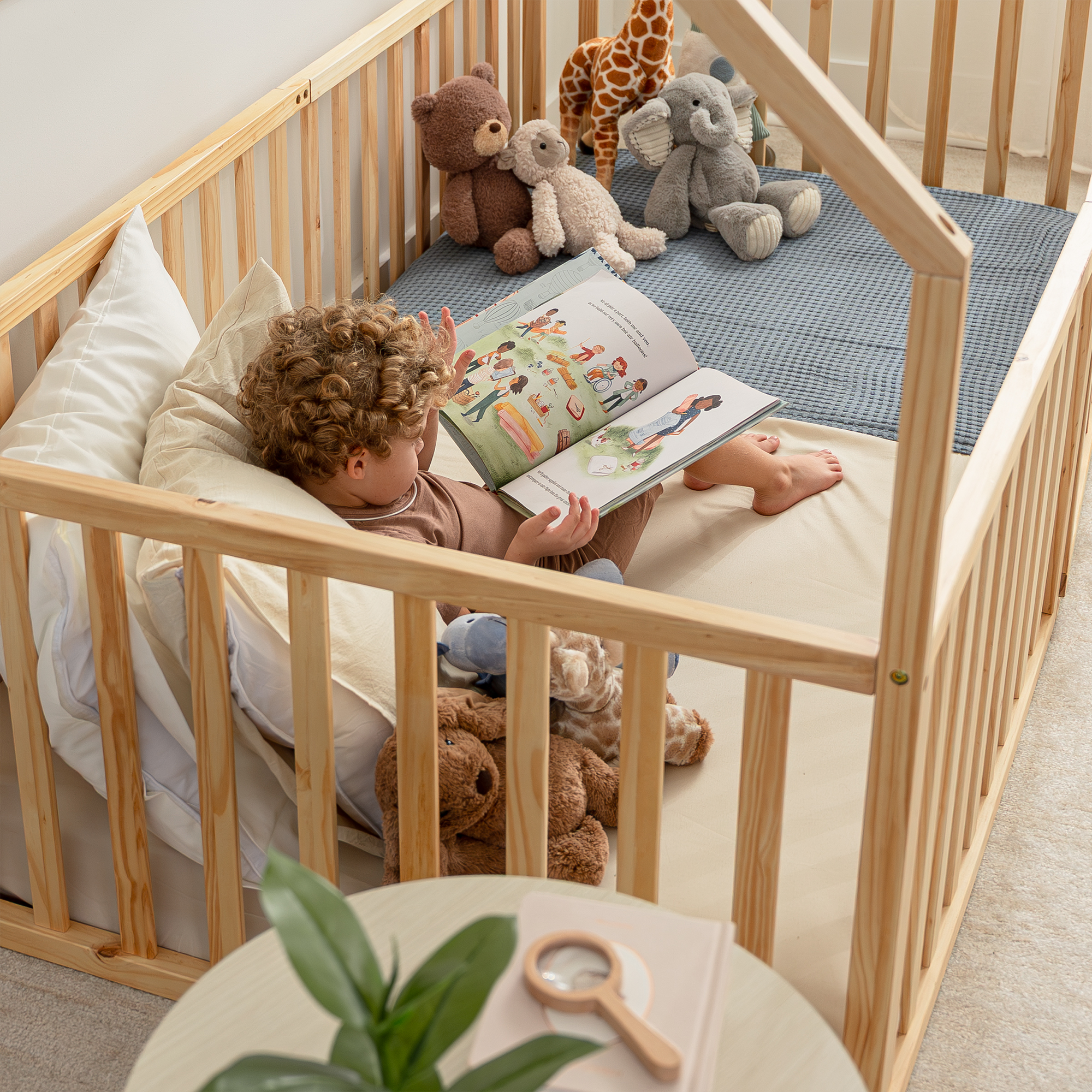 Kids House Gated Floor Bed Twin Size for Children Aged 5+, Natural Wood