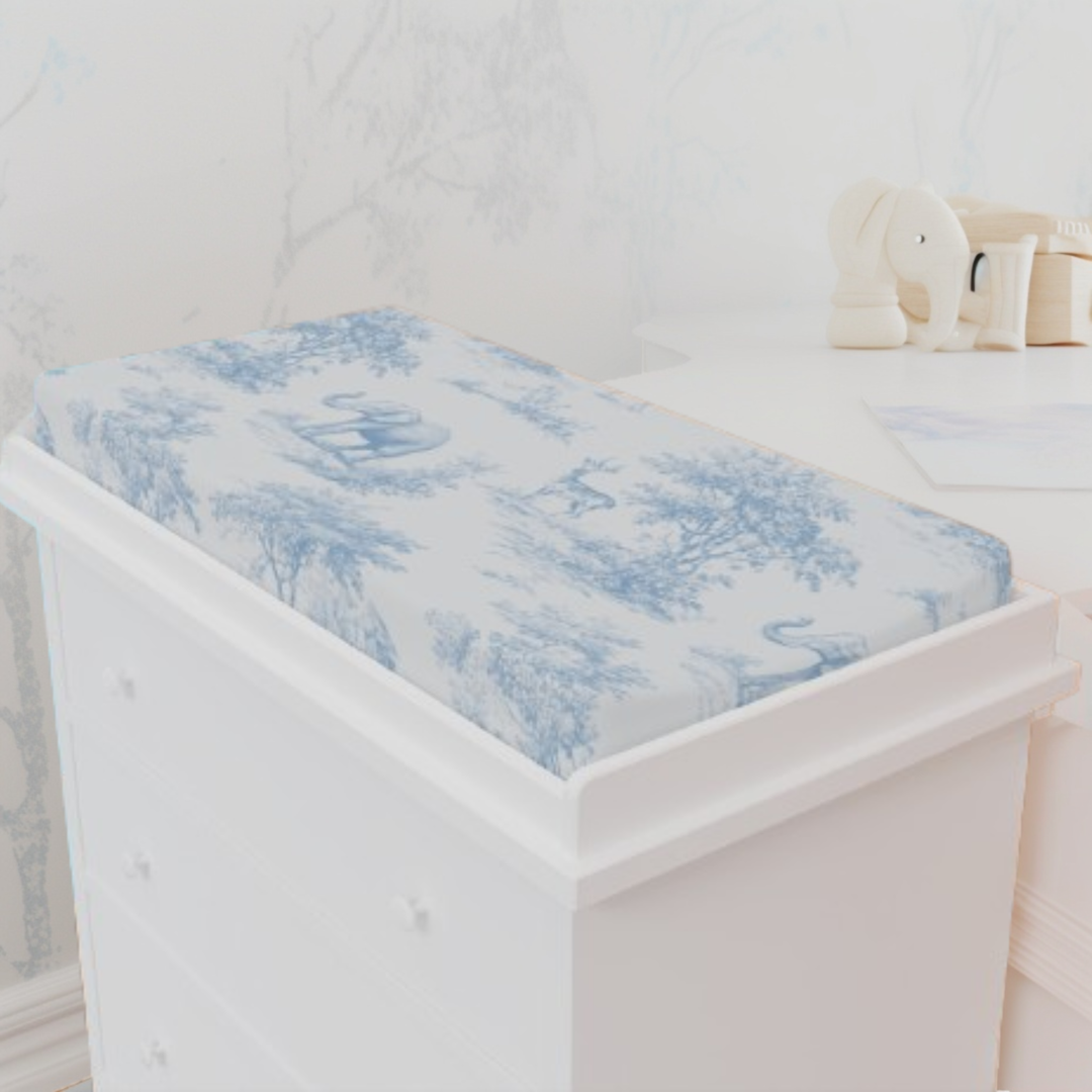 Baby Changing Pad Cover, Blue Toile Elephant & Deer