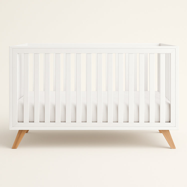 Baby Crib for 0 to 3 Years - White Bars and Frame and Natural Wood Leg — primary — Clean ecommerce product shot — refreshed editorial photography