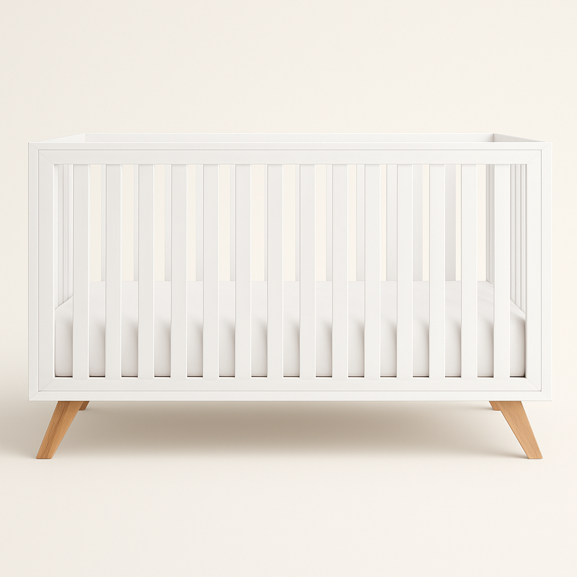 Baby Crib for 0 to 3 Years - White Bars and Frame and Natural Wood Leg — primary — Clean ecommerce product shot — refreshed editorial photography