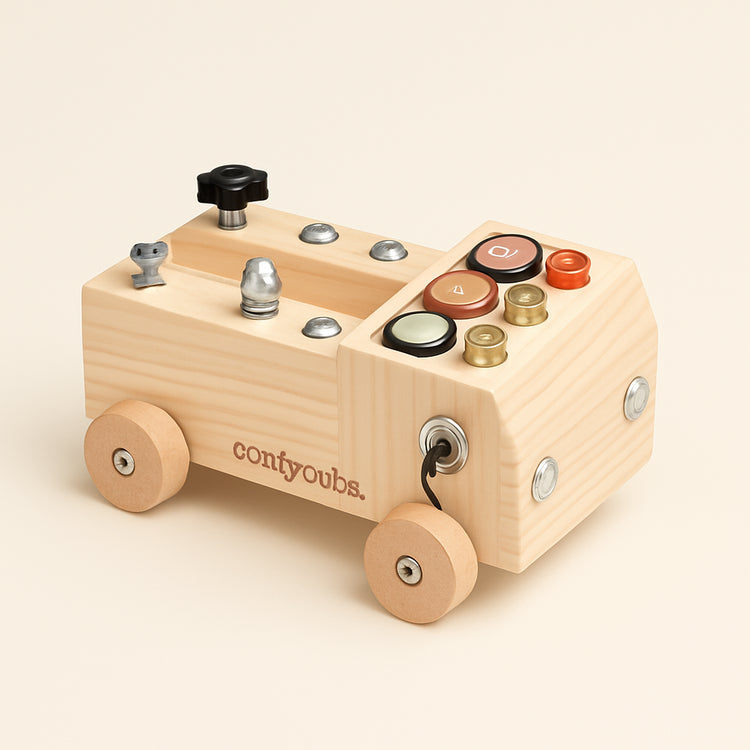 Busy Board Toy Truck Set for 3+ in Natural Wood — primary — Clean ecommerce product shot — refreshed editorial photography
