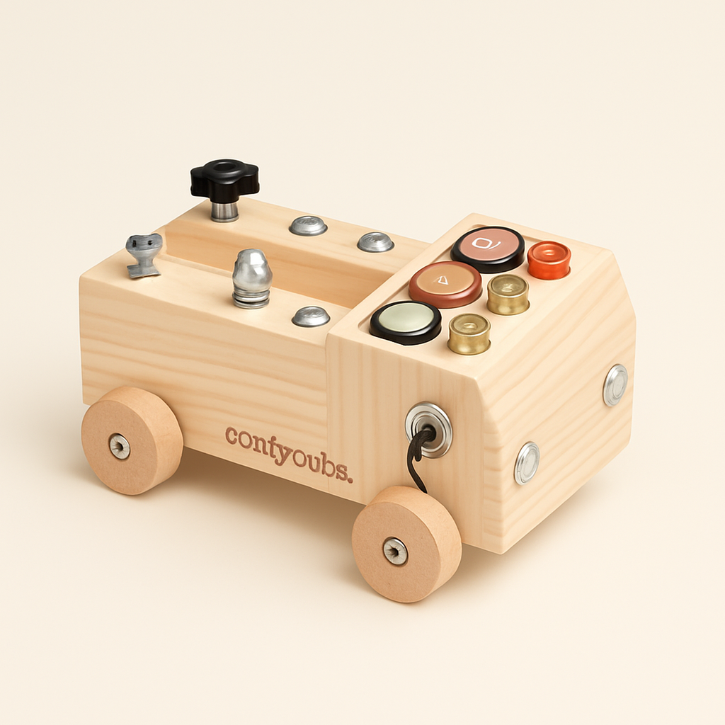 Busy Board Toy Truck Set for 3+ in Natural Wood — primary — Clean ecommerce product shot — refreshed editorial photography