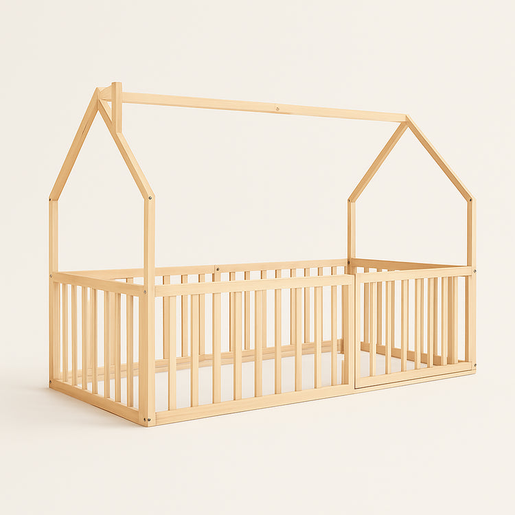 Kids House Gated Floor Bed Twin Size for Children Aged 5+, Natural Wood — primary — Clean ecommerce product shot — refreshed editorial photography