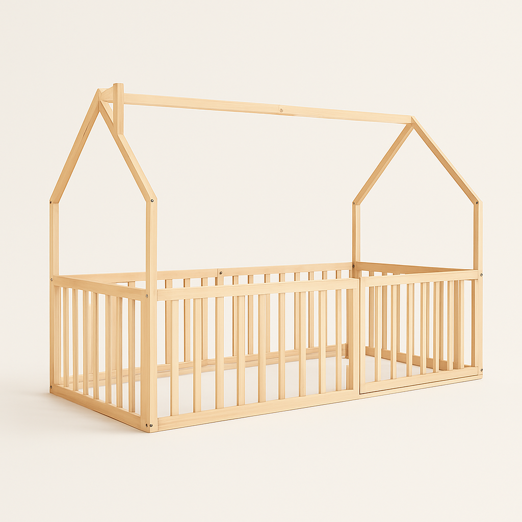 Kids House Gated Floor Bed Twin Size for Children Aged 5+, Natural Wood — primary — Clean ecommerce product shot — refreshed editorial photography