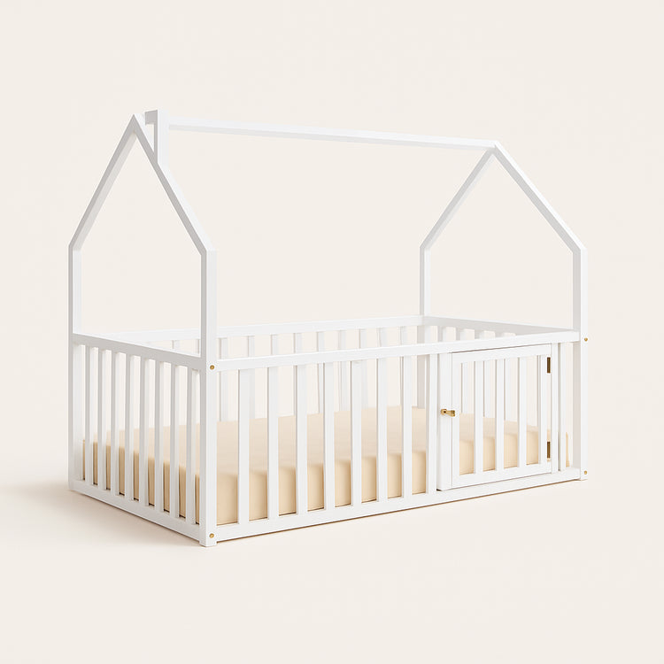 Kids House Gated Floor Bed Twin Size for Children Aged 5+, White — primary — Clean ecommerce product shot — refreshed editorial photography
