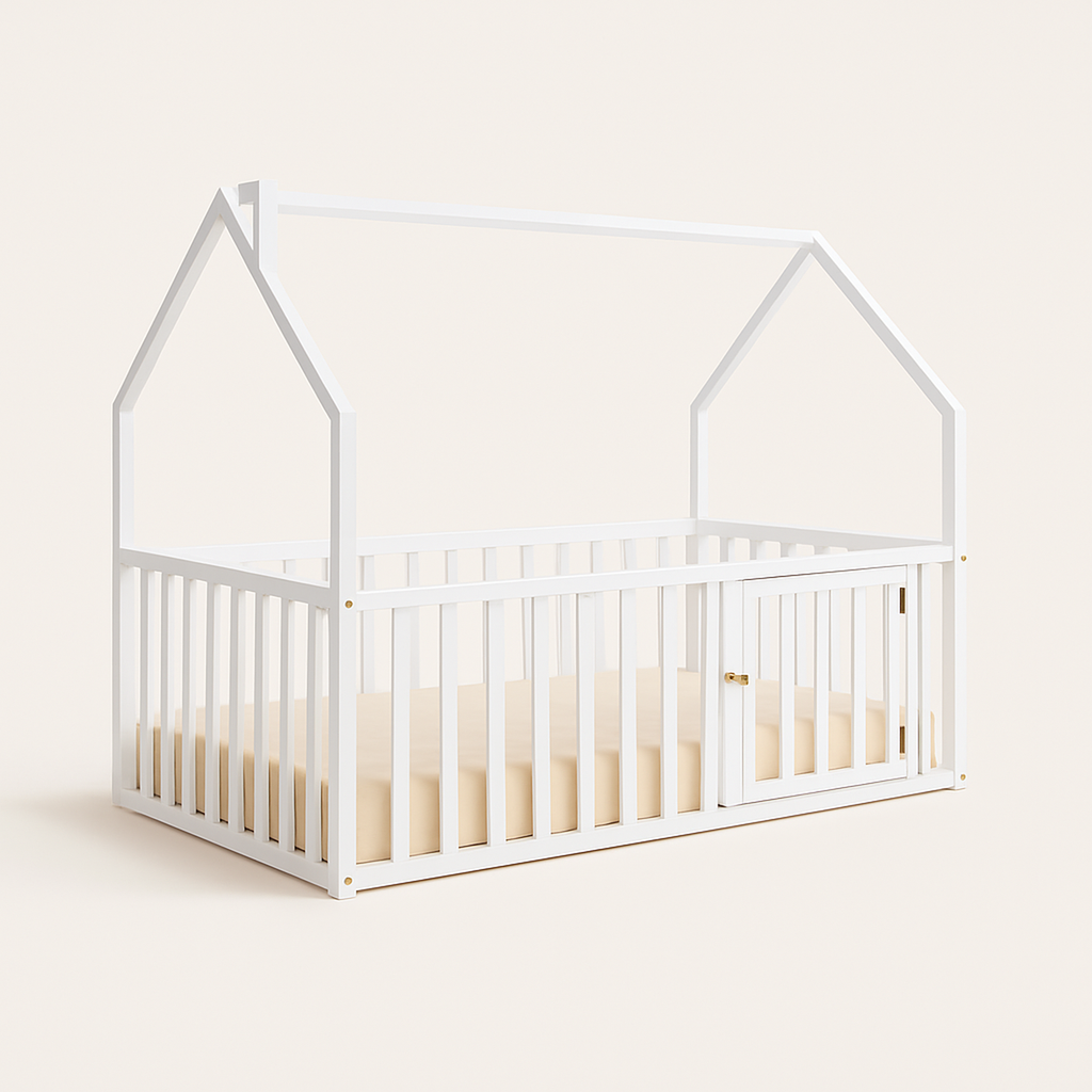 Kids House Gated Floor Bed Twin Size for Children Aged 5+, White — primary — Clean ecommerce product shot — refreshed editorial photography