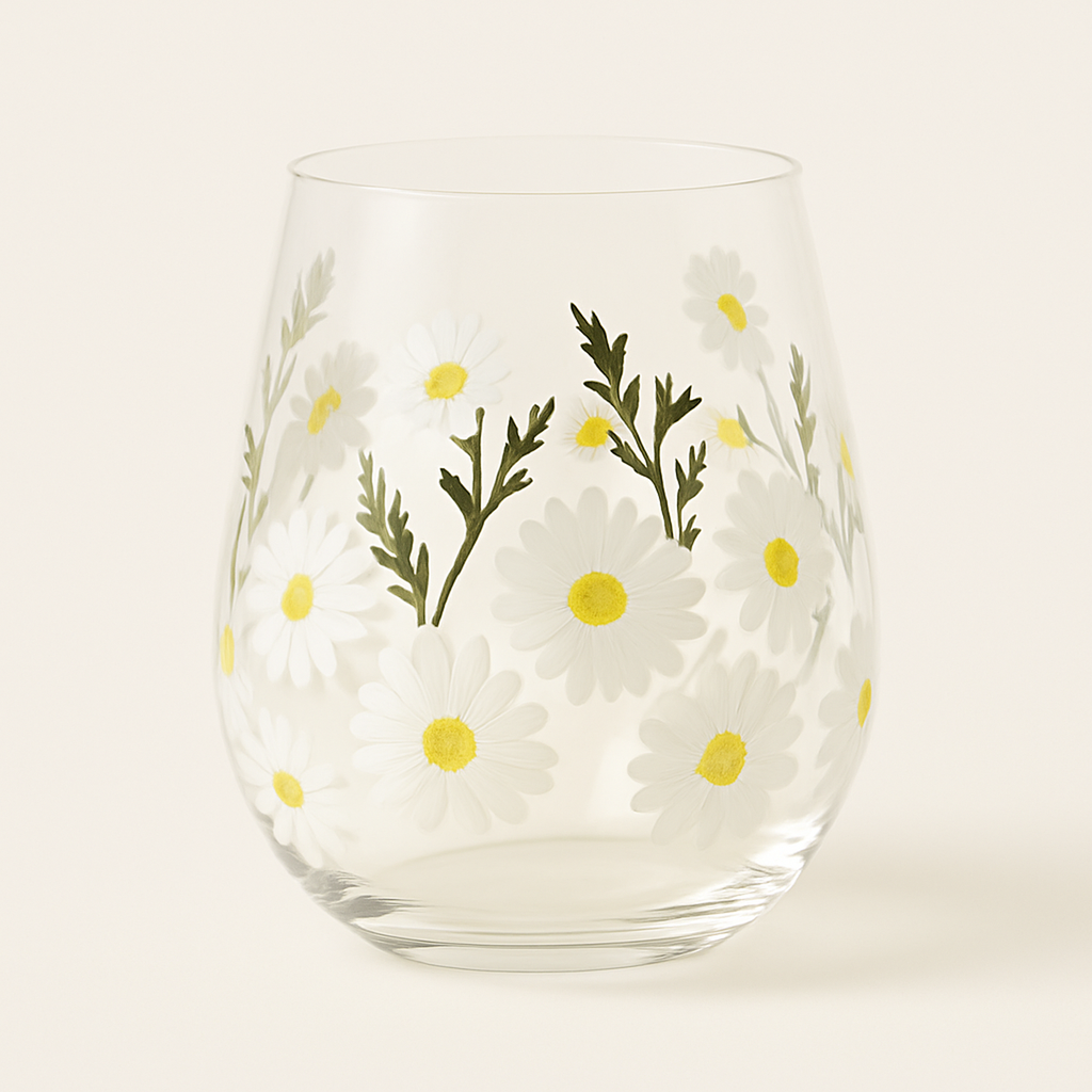 Daisy Painted Stemless Wine Glasses — primary — Clean ecommerce product shot — refreshed editorial photography