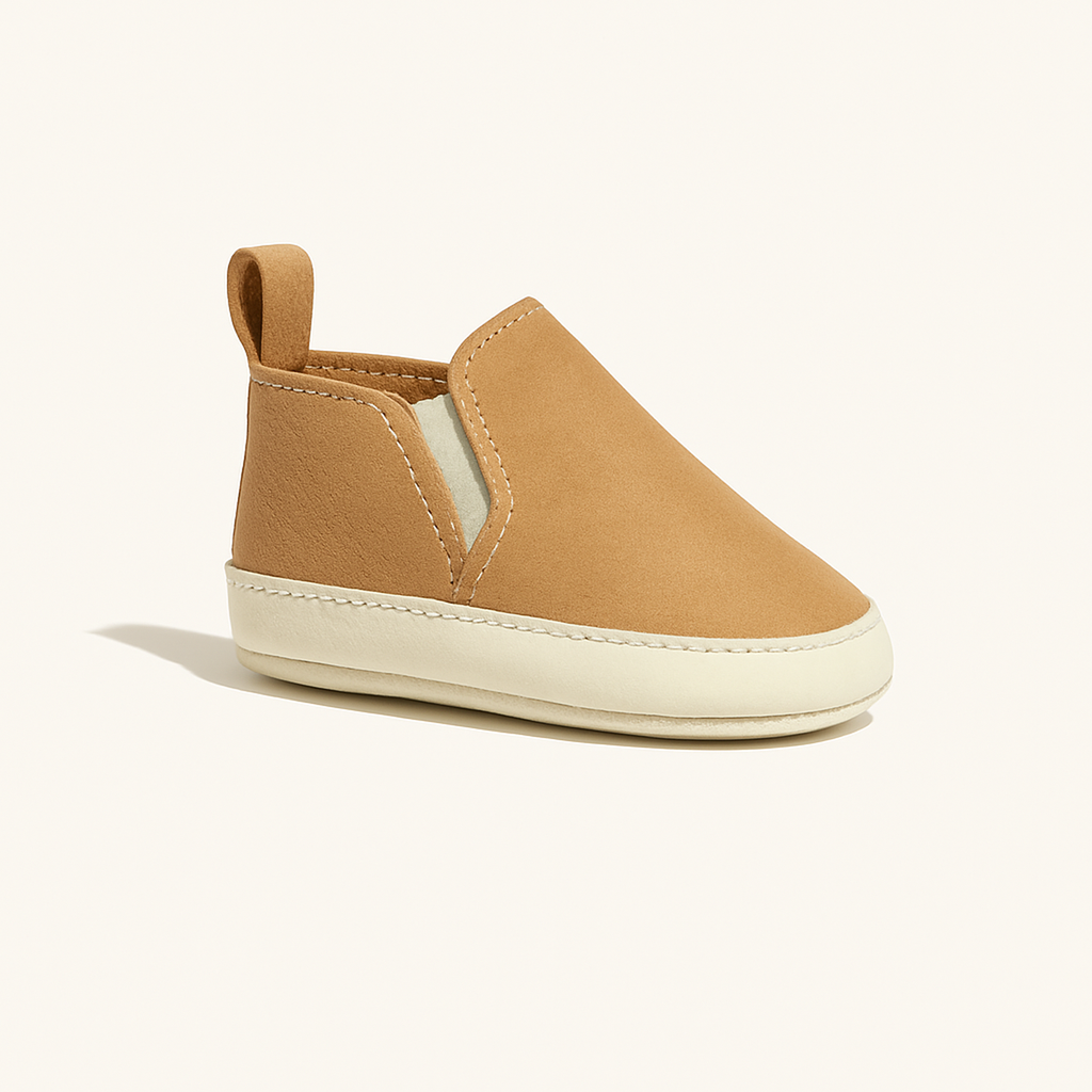 Weathered Brown Slip On Baby Shoe — primary — Clean ecommerce product shot — refreshed editorial photography