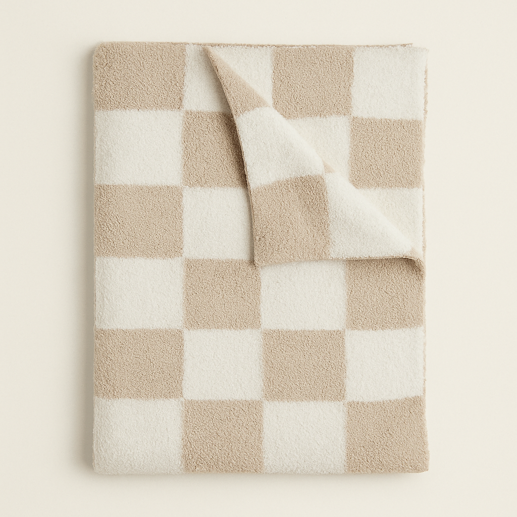 Cocoa and Cream Check Plush Blanket, by MABIE BABY — primary — Clean ecommerce product shot — refreshed editorial photography