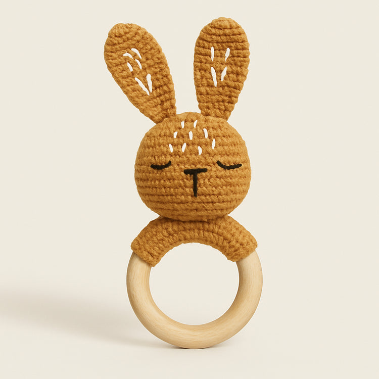 Handmade Organic Cotton Rattle Ring Teether · Bunny Design · Brown/Rust Body Color — primary — Clean ecommerce product shot — refreshed editorial photography
