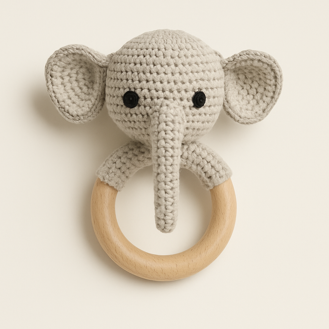 Handmade Organic Cotton Rattle Ring Teether · Elephant Design · Grey body with Black Features — primary — Clean ecommerce product shot — refreshed editorial photography