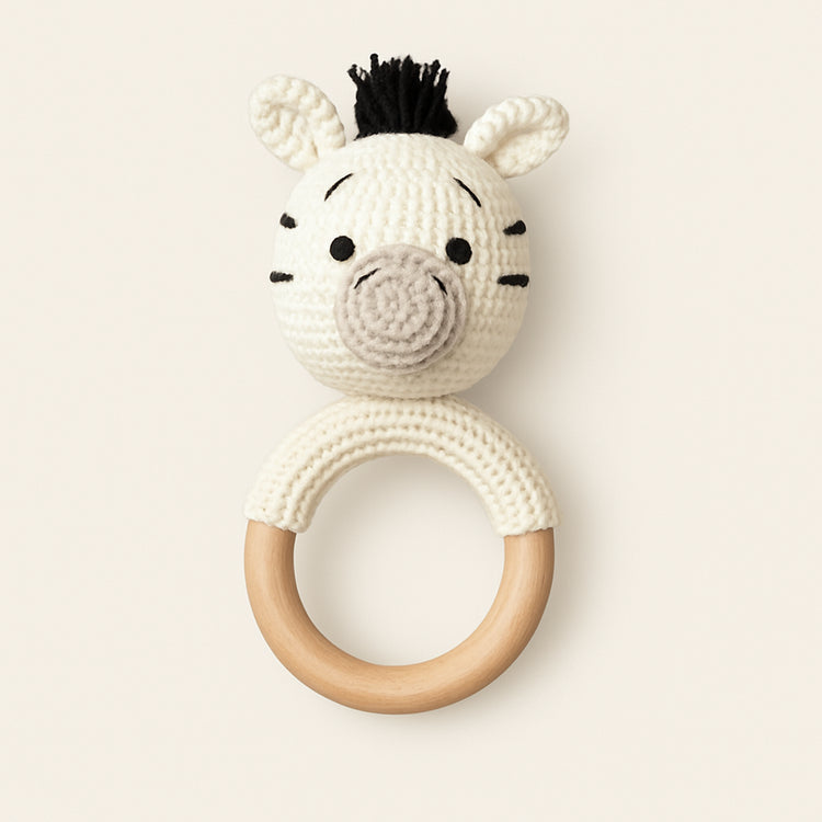 Handmade Organic Cotton Rattle Ring Teether · Zebra Design · Black and Grey with White Body Color — primary — Clean ecommerce product shot — refreshed editorial photography