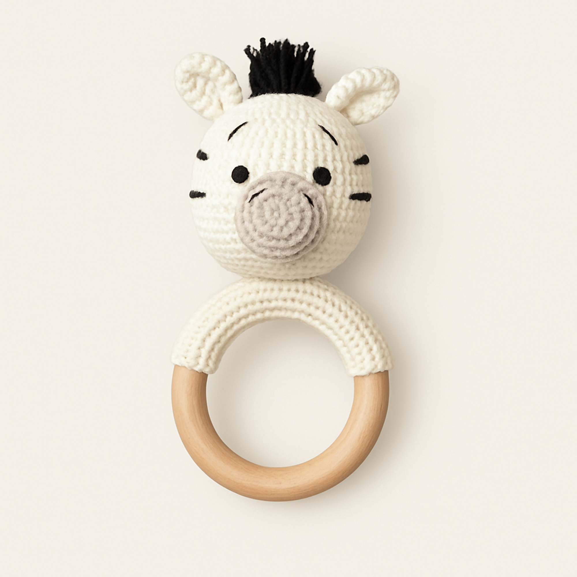 Handmade Organic Cotton Rattle Ring Teether · Zebra Design · Black and Grey with White Body Color — primary — Clean ecommerce product shot — refreshed editorial photography