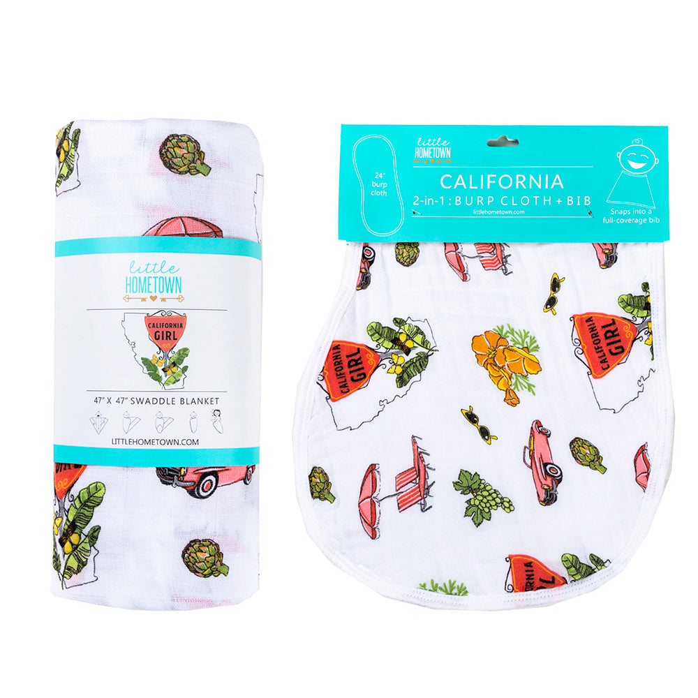 Gift Set: California Girl Muslin Swaddle Blanket and Burp Cloth/Bib Combo by Little Hometown