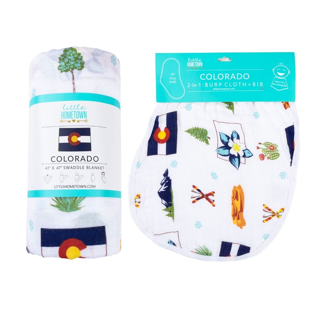 Gift Set: Colorado Baby Muslin Swaddle Blanket and Burp Cloth/Bib Combo by Little Hometown