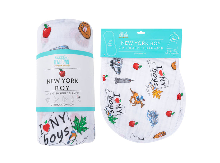 Gift Set: New York Baby Boy Muslin Swaddle Blanket and Burp Cloth/Bib Combo by Little Hometown