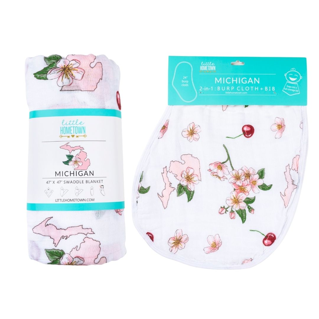 Gift Set: Michigan Baby Muslin Swaddle Blanket and Burp Cloth/Bib Combo (Floral) by Little Hometown