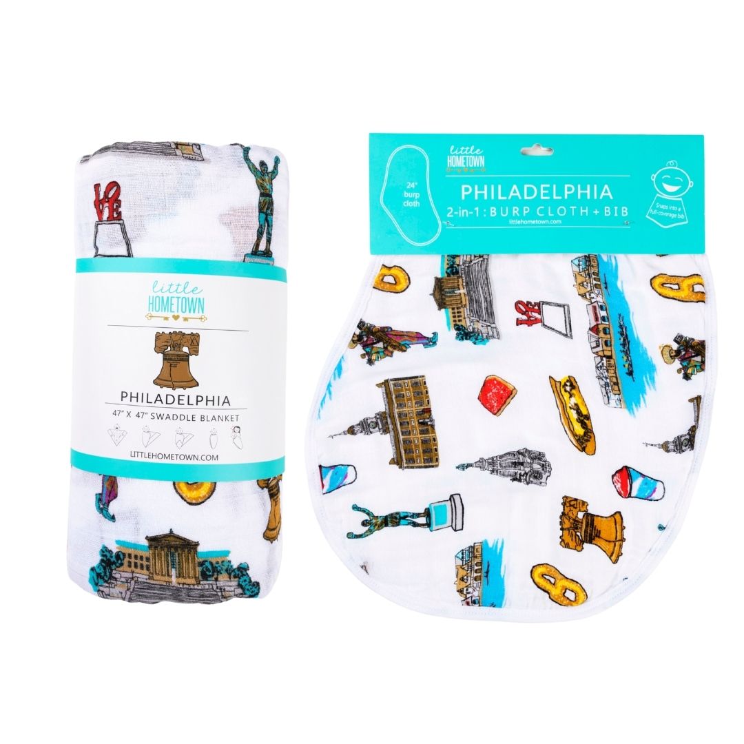 Gift Set: Philadelphia Baby Muslin Swaddle Blanket and Burp Cloth/Bib Combo by Little Hometown