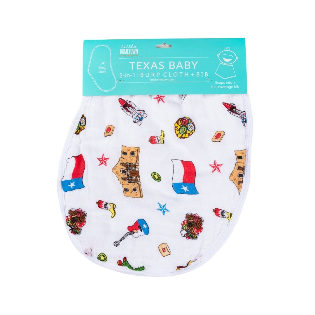 Gift Set: Texas Baby Unisex Muslin Swaddle Blanket and Burp Cloth/Bib Combo by Little Hometown