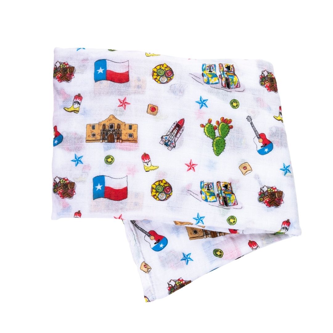 Gift Set: Texas Baby Unisex Muslin Swaddle Blanket and Burp Cloth/Bib Combo by Little Hometown