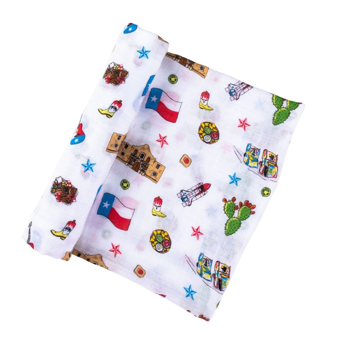 Gift Set: Texas Baby Unisex Muslin Swaddle Blanket and Burp Cloth/Bib Combo by Little Hometown