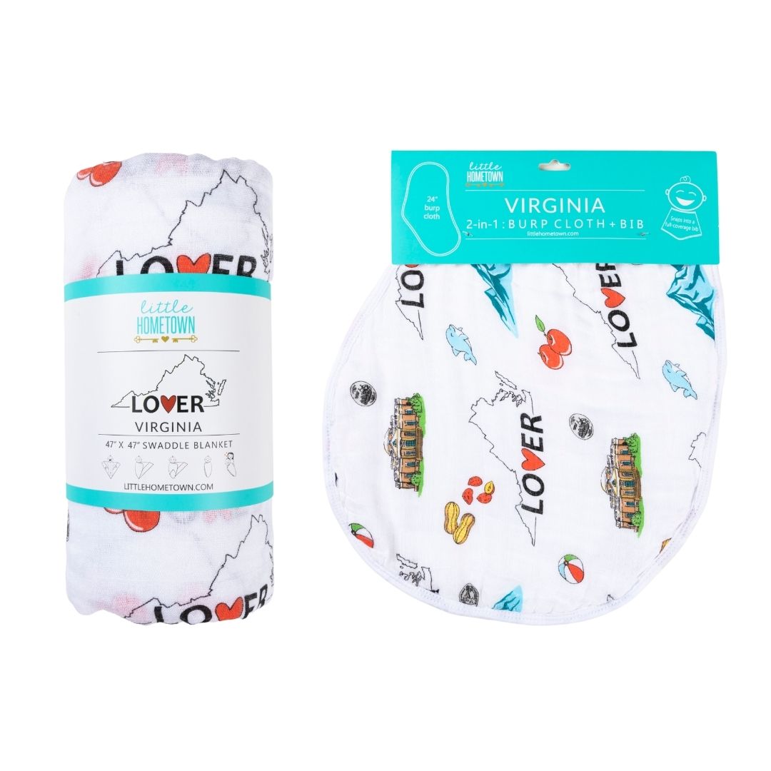 Gift Set: Virginia Baby Muslin Swaddle Blanket and Burp Cloth/Bib Combo by Little Hometown