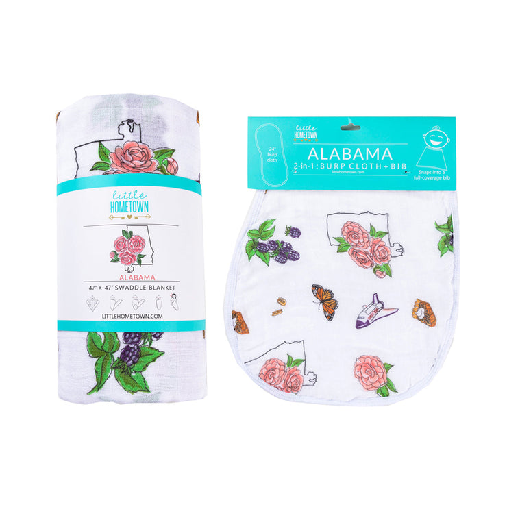 Muslin Baby Swaddle Blanket & Bib Gift Set: Alabama Floral by Little Hometown