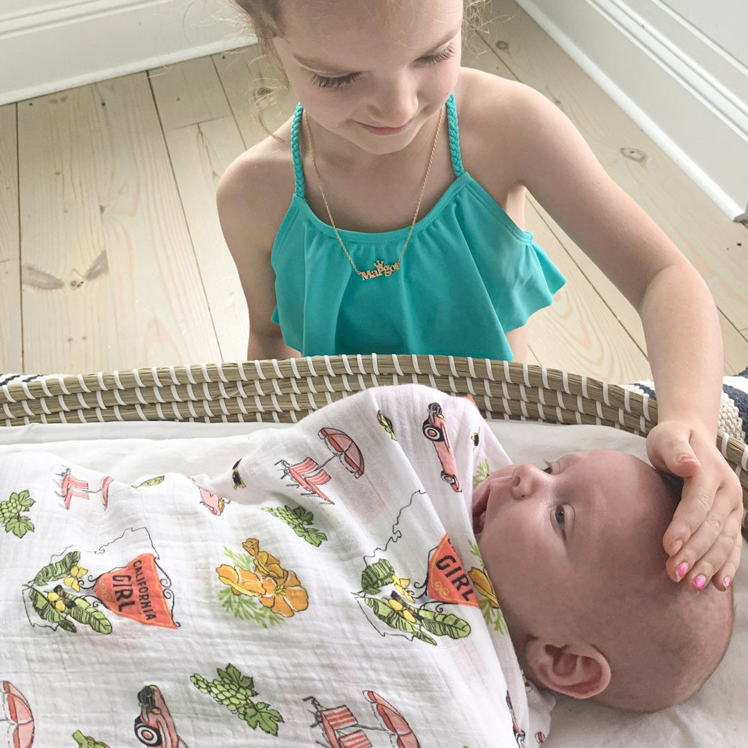 Gift Set: California Girl Muslin Swaddle Blanket and Burp Cloth/Bib Combo by Little Hometown