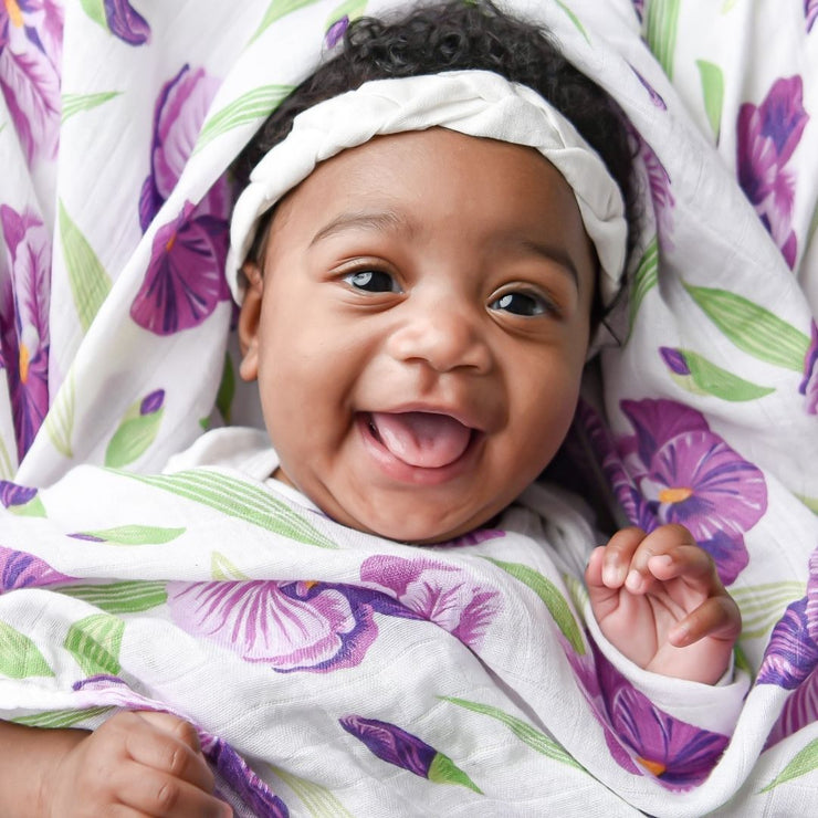 Gift Set: Irises Baby Muslin Swaddle Blanket and Burp Cloth/Bib Combo by Little Hometown