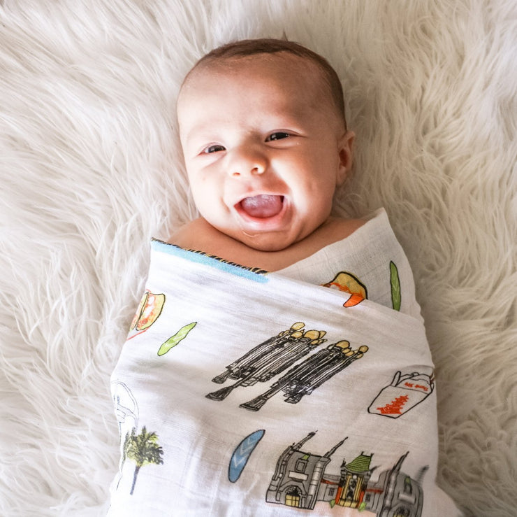 Gift Set: Los Angeles Baby Muslin Swaddle Blanket and Burp Cloth/Bib Combo by Little Hometown