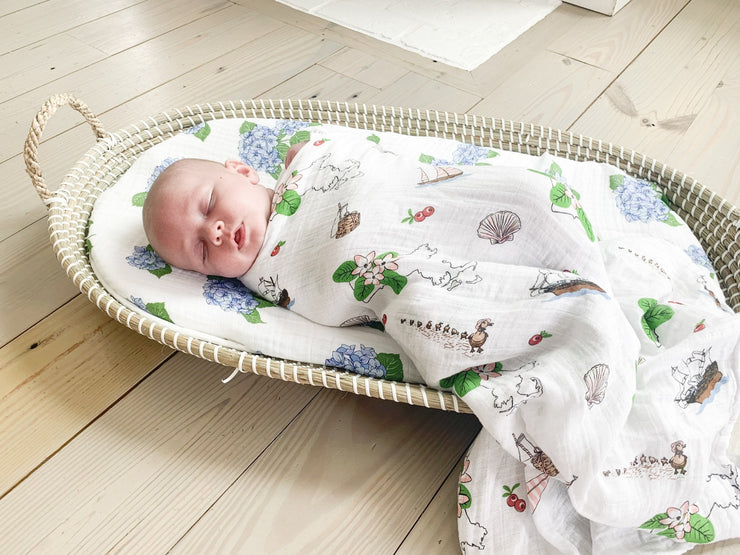 Gift Set: Massachusetts Floral Baby Muslin Swaddle Blanket and Burp Cloth/Bib Combo by Little Hometown