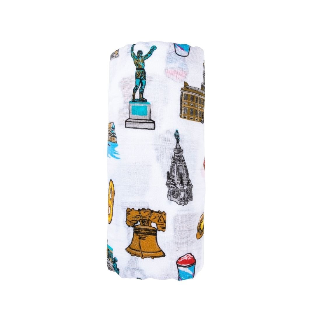 Gift Set: Philadelphia Baby Muslin Swaddle Blanket and Burp Cloth/Bib Combo by Little Hometown