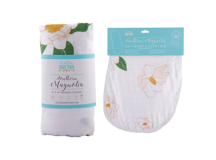 Gift Set: Southern Magnolia Baby Muslin Swaddle Blanket and Burp Cloth/Bib Combo by Little Hometown