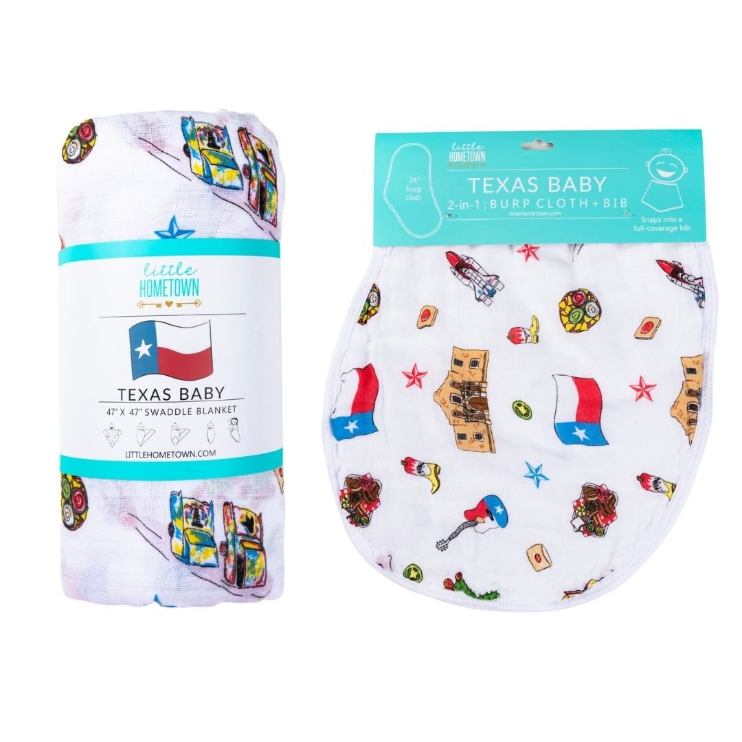 Gift Set: Texas Baby Unisex Muslin Swaddle Blanket and Burp Cloth/Bib Combo by Little Hometown