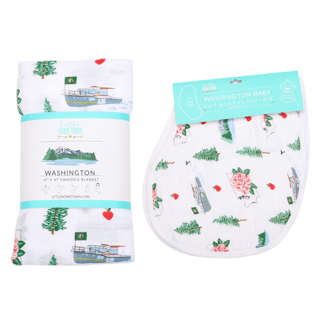 Gift Set: Washington (State) Baby Muslin Swaddle Blanket and Burp Cloth/Bib Combo by Little Hometown