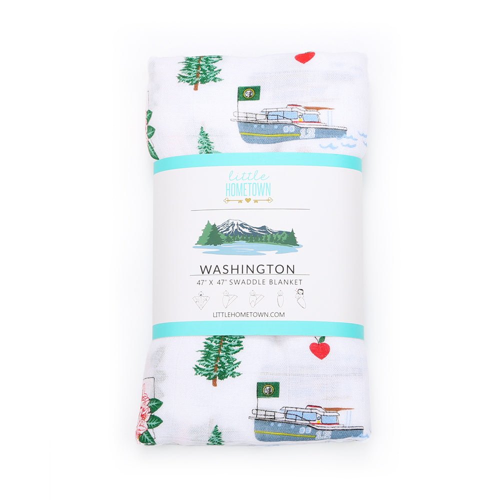 Gift Set: Washington (State) Baby Muslin Swaddle Blanket and Burp Cloth/Bib Combo by Little Hometown