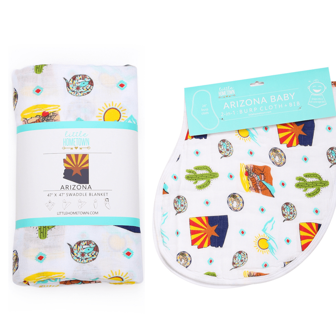 GiftSet: Arizona Baby Muslin Swaddle Blanket and Burp Cloth/Bib Combo by Little Hometown